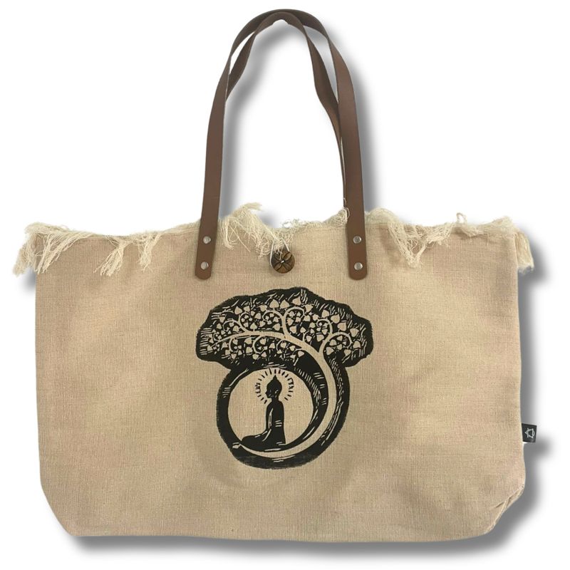 Natuurlijke Tote Bag met Leren Handvat - Boeddha