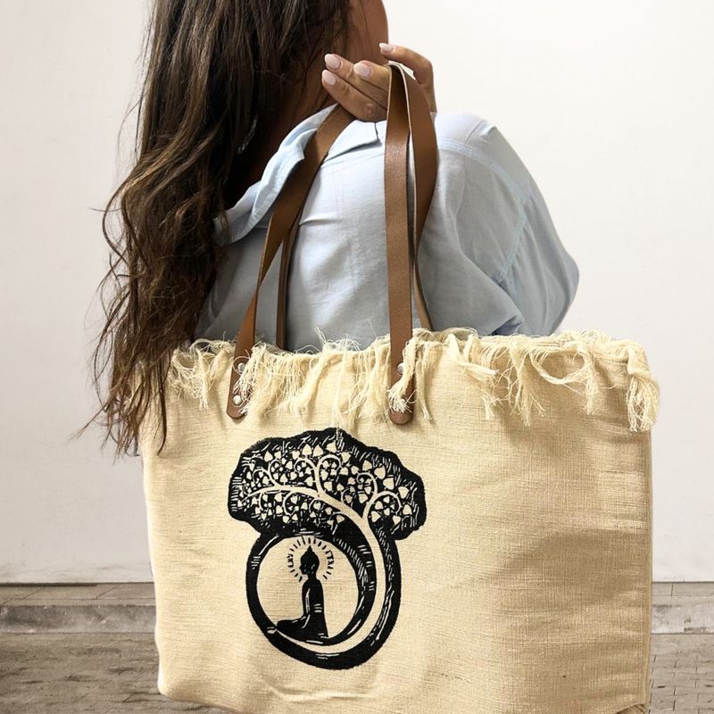 Natuurlijke Tote Bag met Leren Handvat - Boeddha