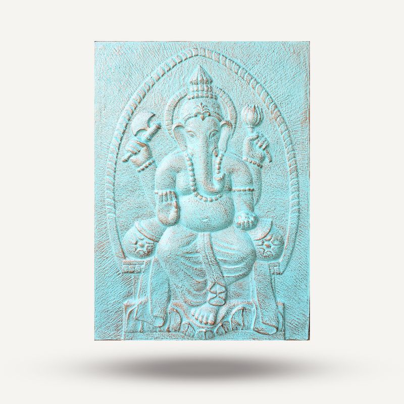 Groot Ganesha Wandreliëf met IJzeren Frame – Turquoise – 0,7 x 1 m