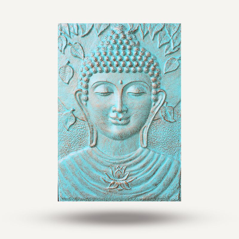Groot Boeddha Wandreliëf met IJzeren Frame – Turquoise – 0,7 x 1 m