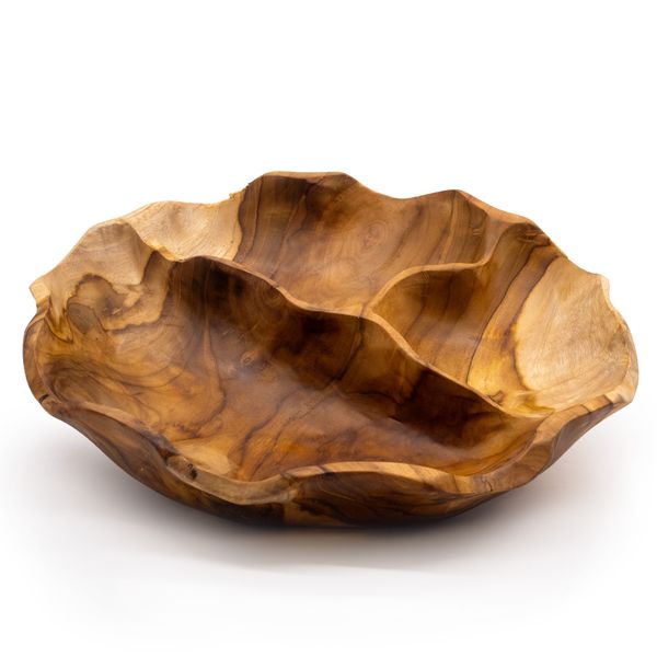 Gladde Ronde Teakhouten Fruitschaal met Drie Vakken - 30x5.5cm