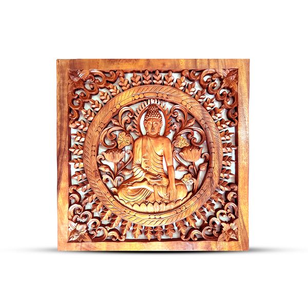 Vierkant Decoratief Houten Boeddha Paneel 40x40cm
