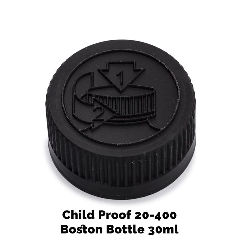 Kindveilige Dop voor Amber Boston Fles 20mm (voor 30ml - 60ml) - Zwart Plastic