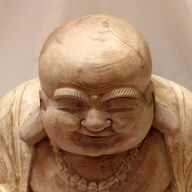 Hand Carved Buddha Statue - 30cm Happy - Whitewash - Damaged