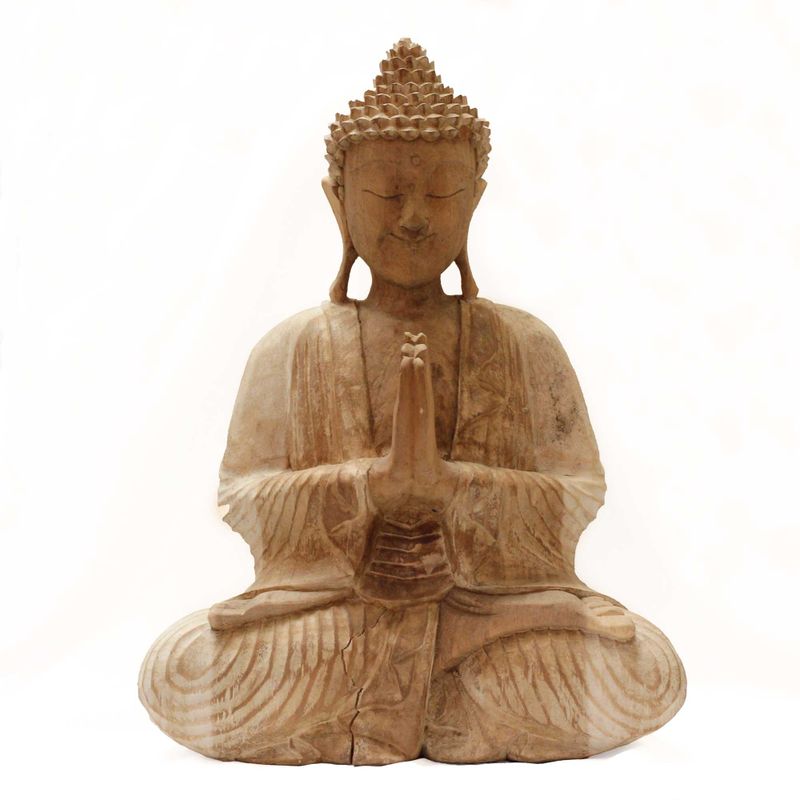 Hand Carved Buddha Statue - 40cm Welcome - Whitewash - Damaged
