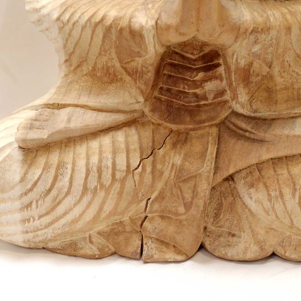 Hand Carved Buddha Statue - 40cm Welcome - Whitewash - Damaged