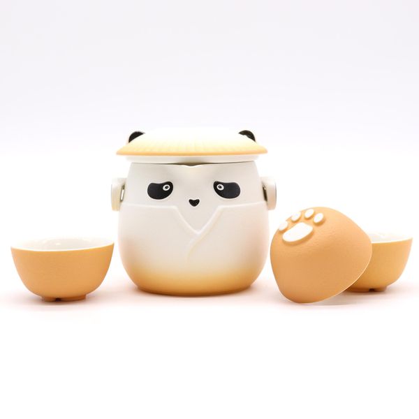 Panda Theepot Set & Drie Kopjes - Oranje