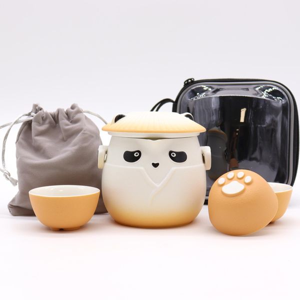 Panda Theepot Set & Drie Kopjes - Oranje