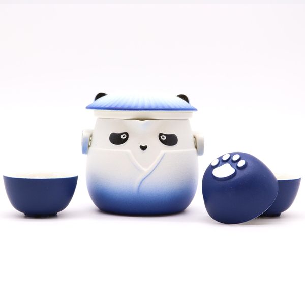 Panda Theepot Set & Drie Kopjes - Hemelsblauw