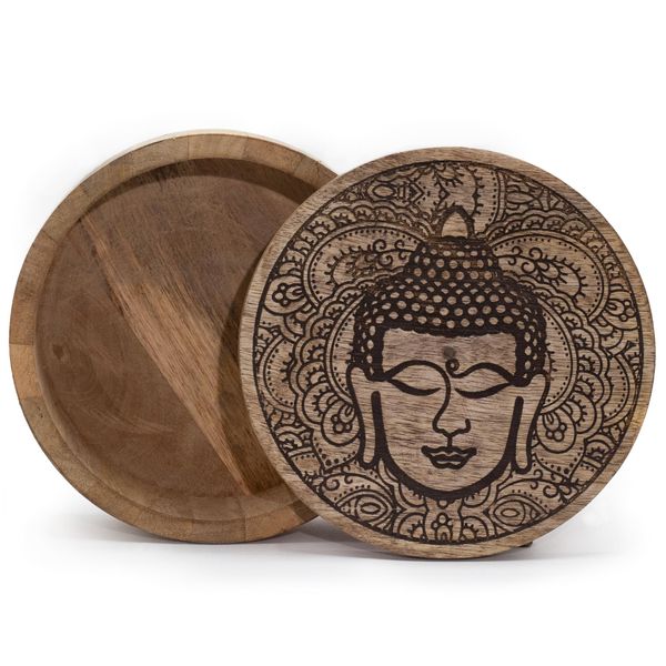 Grote Ronde Doos 17,5x7,5 cm - Boeddhahoofd Zwart Gegraveerd
