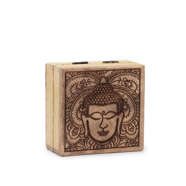 Kleine Vierkante Doos 10x10x4,2 cm - Boeddhahoofd Zwart Gegraveerd