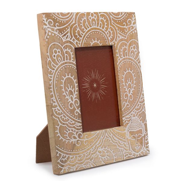 Middelgrote Mangohouten Fotolijst (voor 10x15cm) 26x20x2cm - Boeddha - Wit