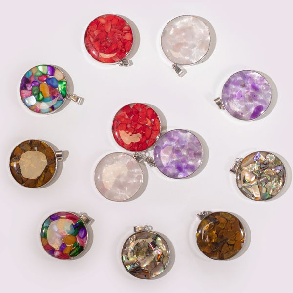 Staal omhulde Hanger Rond - 12 Assorted Edelsteen Chips & Schelpen