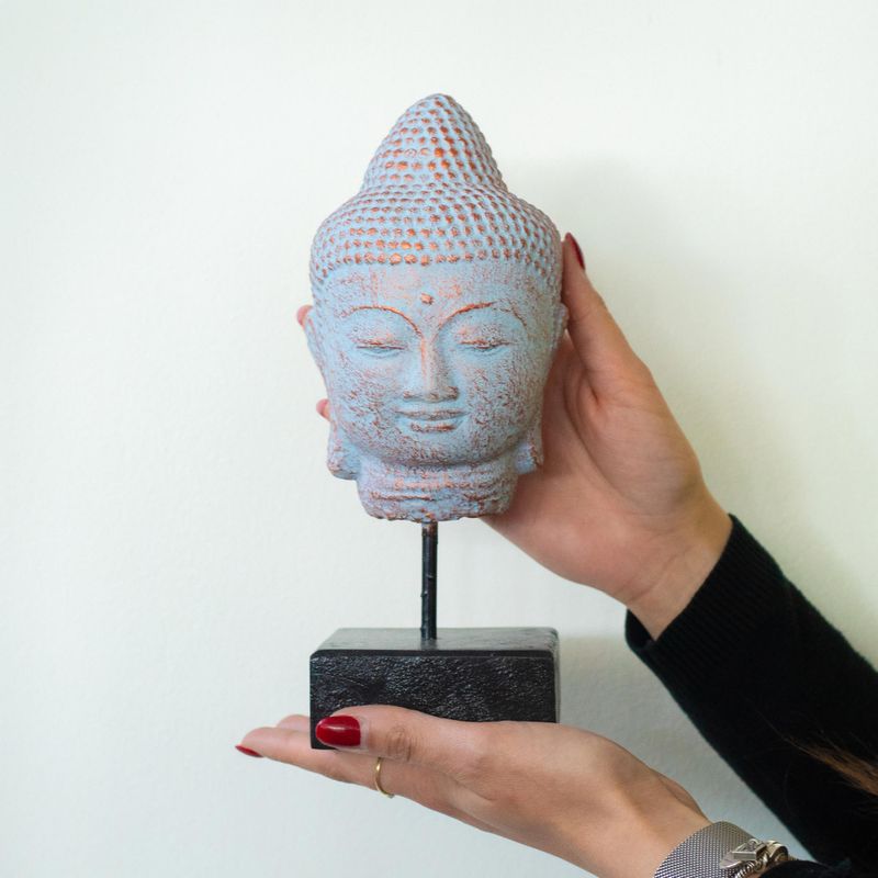 Stilte Boeddhahoofd op Standaard – Blauw Koper