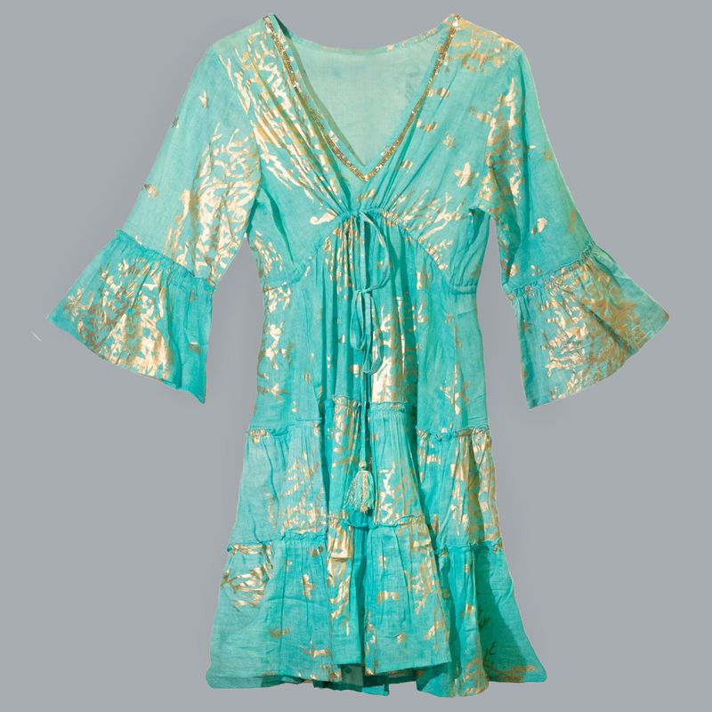 Turquoise & Goud Koraal M/L Handgeschilderde Nomadische Sari Jurk