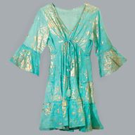 Turquoise & Goud Koraal M/L Handgeschilderde Nomadische Sari Jurk