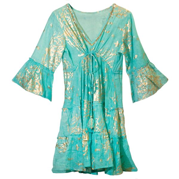 Turquoise & Goud Koraal M/L Handgeschilderde Nomadische Sari Jurk