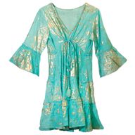 Turquoise & Goud Koraal M/L Handgeschilderde Nomadische Sari Jurk