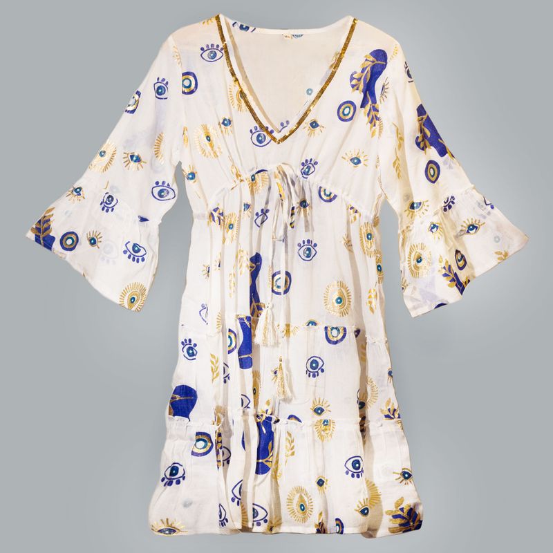 Wit, Blauw & Goud Boze Oog M/L Handgeschilderde Nomadische Sari Jurk