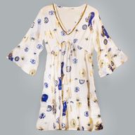 Wit, Blauw & Goud Boze Oog M/L Handgeschilderde Nomadische Sari Jurk