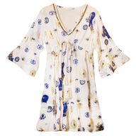 Wit, Blauw & Goud Boze Oog M/L Handgeschilderde Nomadische Sari Jurk