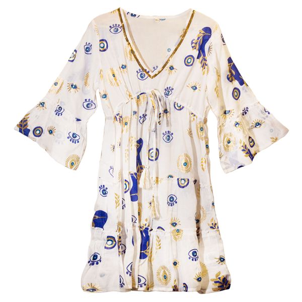 Wit, Blauw & Goud Boze Oog M/L Handgeschilderde Nomadische Sari Jurk