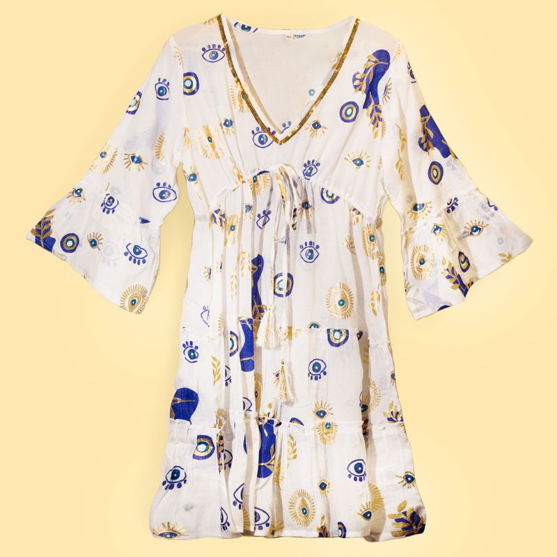 Wit, Blauw & Goud Boze Oog M/L Handgeschilderde Nomadische Sari Jurk
