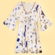 Wit, Blauw & Goud Boze Oog M/L Handgeschilderde Nomadische Sari Jurk