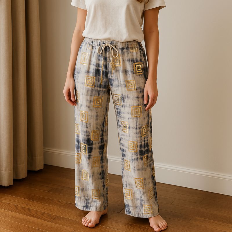 Lounge Broek - Goud & Blauw Grieks Motief - Handgeschilderd