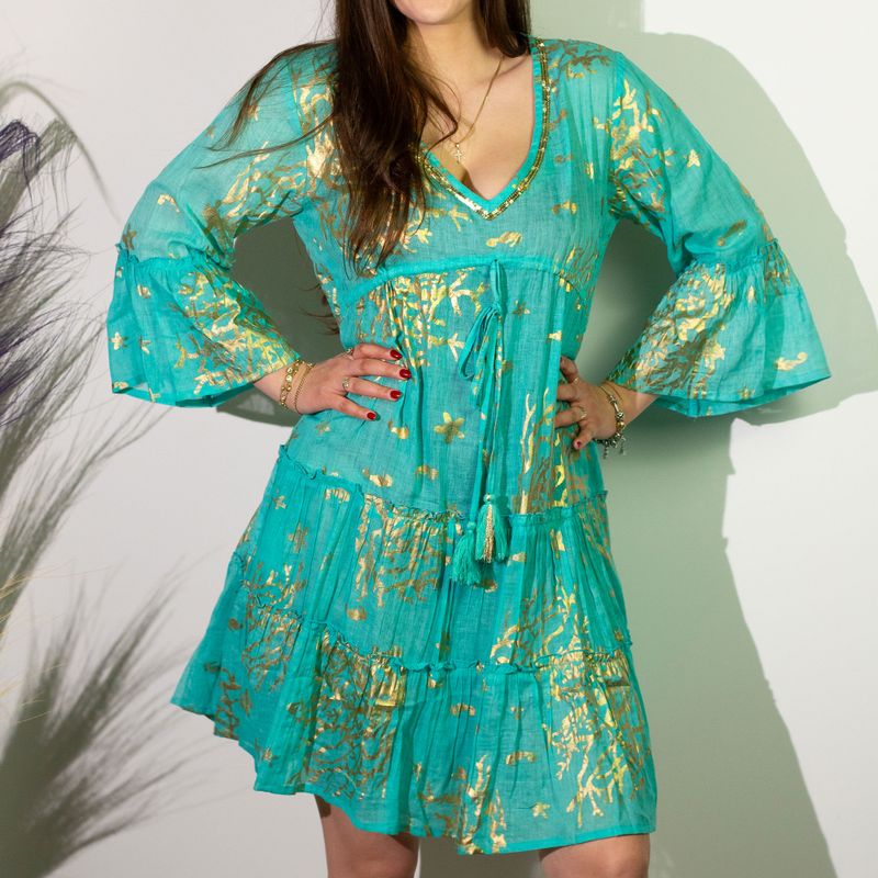 Turquoise & Goud Koraal M/L Handgeschilderde Nomadische Sari Jurk
