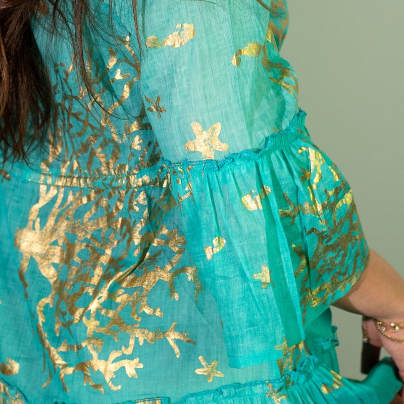 Turquoise & Goud Koraal M/L Handgeschilderde Nomadische Sari Jurk