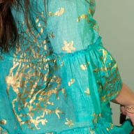 Turquoise & Goud Koraal M/L Handgeschilderde Nomadische Sari Jurk