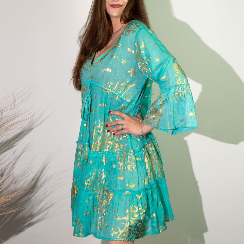 Turquoise & Goud Koraal M/L Handgeschilderde Nomadische Sari Jurk