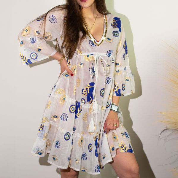 Wit, Blauw & Goud Boze Oog M/L Handgeschilderde Nomadische Sari Jurk