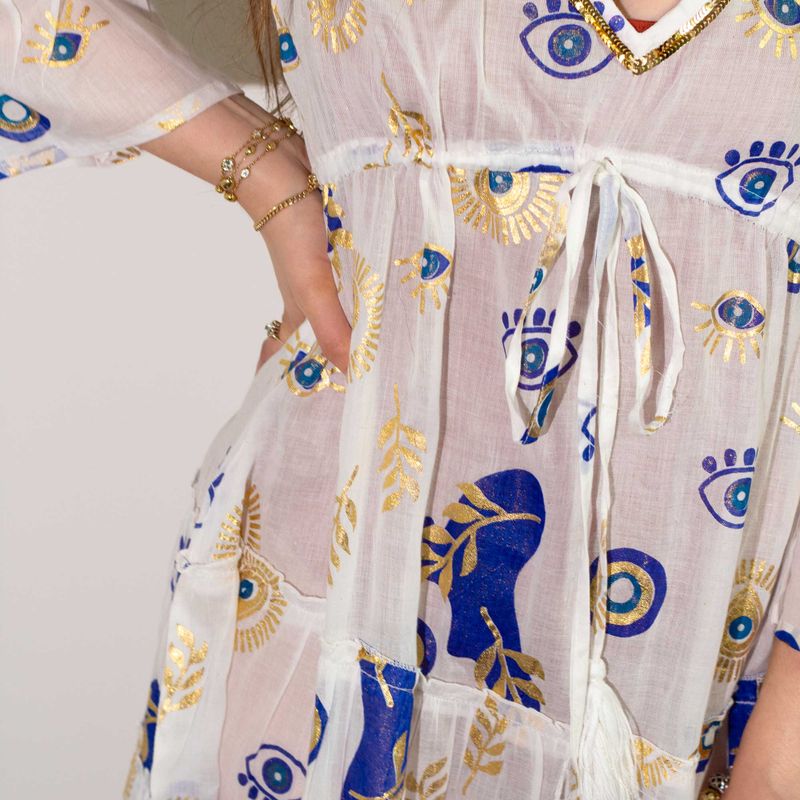 Wit, Blauw & Goud Boze Oog M/L Handgeschilderde Nomadische Sari Jurk