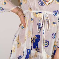 Wit, Blauw & Goud Boze Oog M/L Handgeschilderde Nomadische Sari Jurk