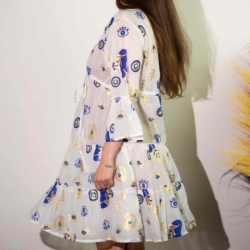 Wit, Blauw & Goud Boze Oog M/L Handgeschilderde Nomadische Sari Jurk