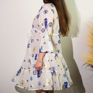 Wit, Blauw & Goud Boze Oog M/L Handgeschilderde Nomadische Sari Jurk
