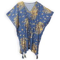 Zee Blauw & Goud Koraaldesign Handgeschilderde Nomad Sari Kaftan