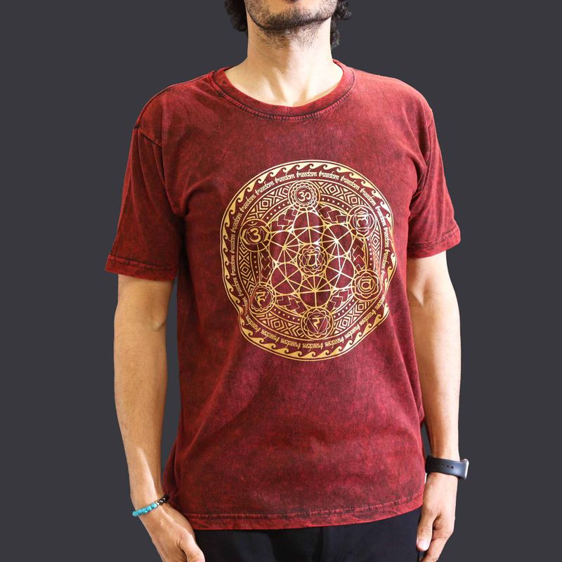 Middelgrote Steen Gewassen T-shirt - Chakra - Kastanjebruin
