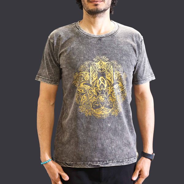Middelgrote Steen Gewassen T-shirt - Hamsa - Donkergrijs