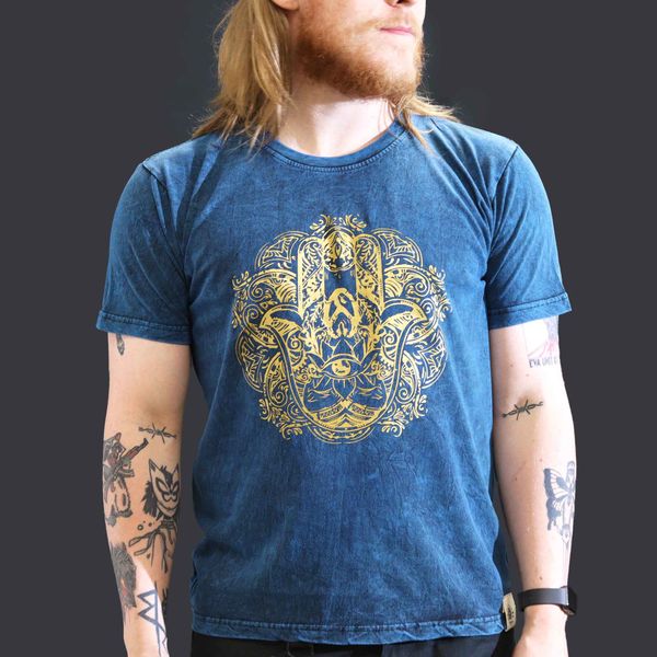 Grote Steen Gewassen T-shirt - Hamsa - Blauw