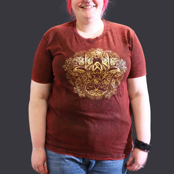 Extra Grote Steen Gewassen T-shirt - Hamsa - Kastanjebruin