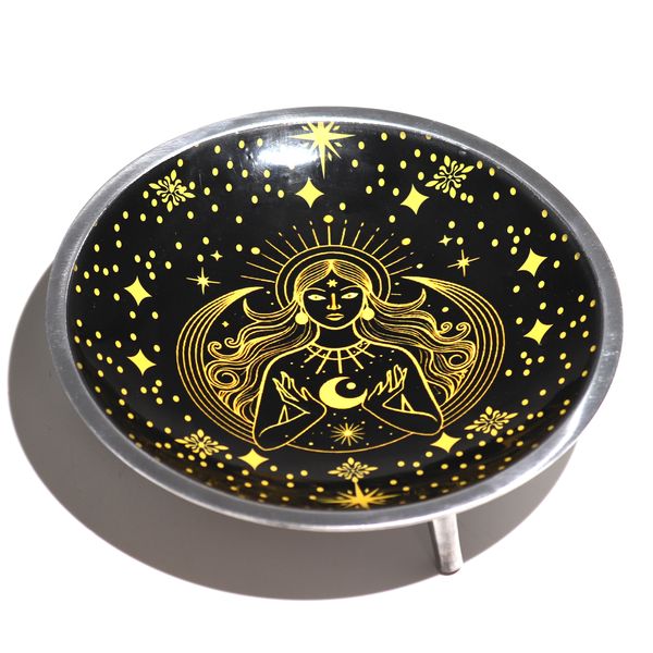Driedelige Enamel Offerschotel – Gouden Godin op Zwart