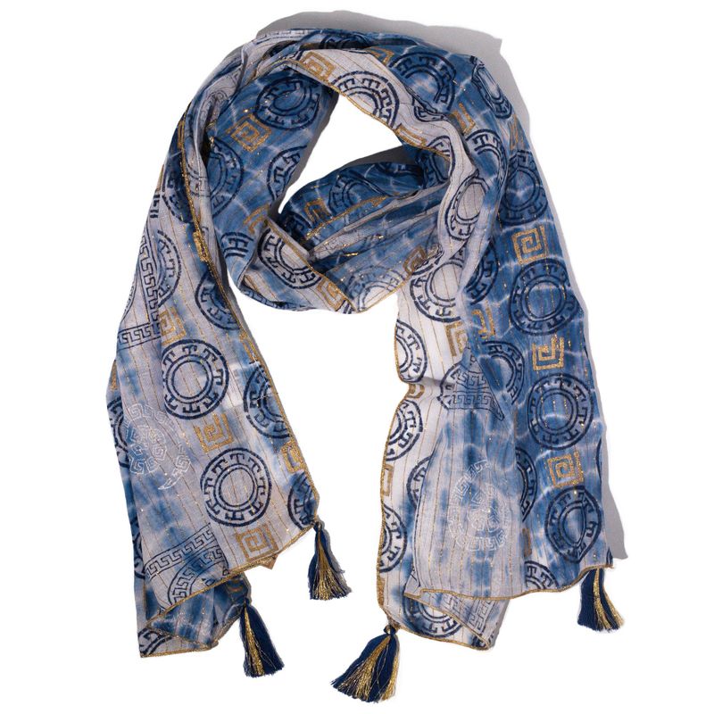 Nomad Sari - Zomersjaal - 180x50cm - Marbella Print - Blauw met Goudrand
