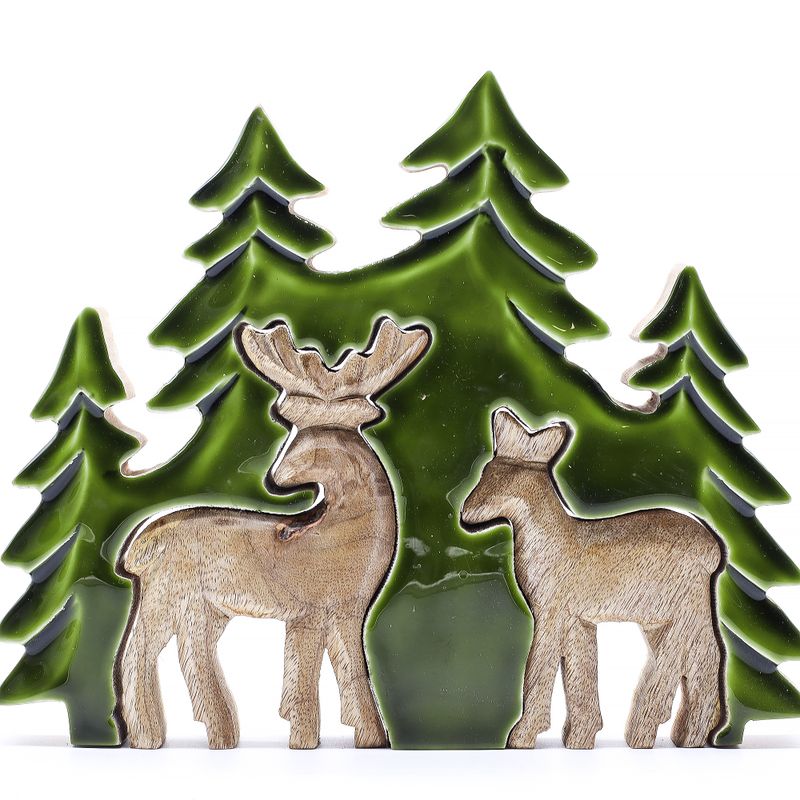 Lost in the Forrest - Twee Herten in het Bos 3D Houten Decoratie - 18x23cm
