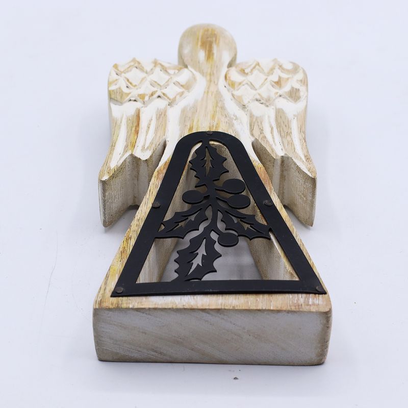 Mango Houten Engel - Whitewash met Ijzeren Decor Uitsnede - 18cm