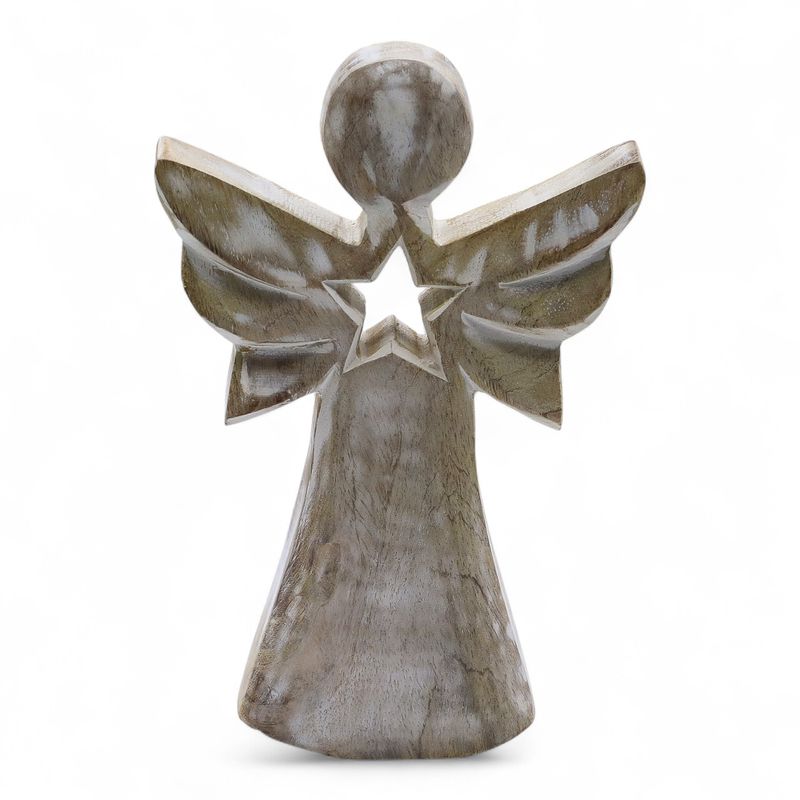 Mango Houten Engel - Whitewash met Ster Uitsnede - 18cm