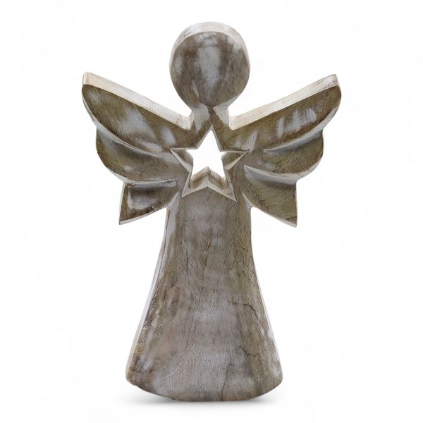 Mango Houten Engel - Whitewash met Ster Uitsnede - 18cm