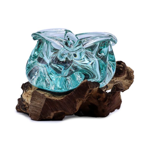 Gesmolten Glas Zware Asbak / Kaarshouder op Hout